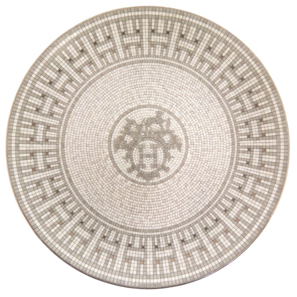 Hermes Mosaic 24 Platinum Ceramic Gray Leather Dessert Plate — view 3