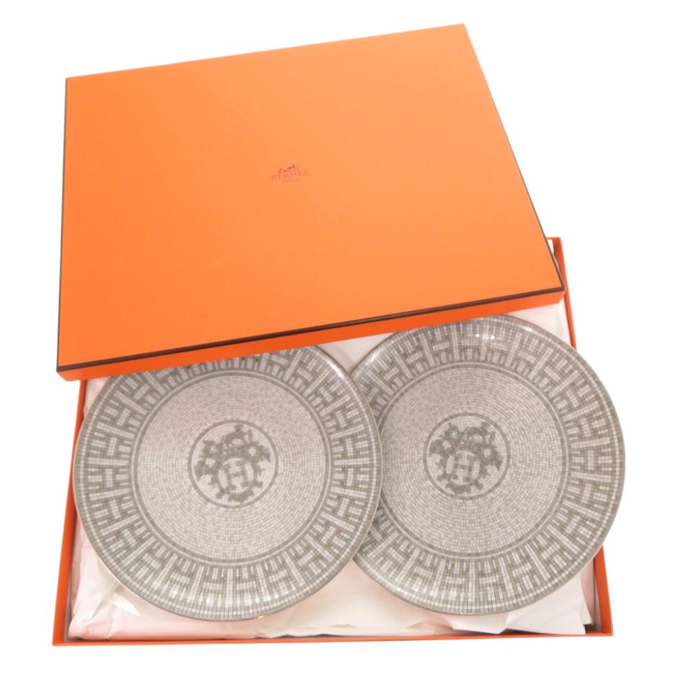 Hermes Mosaic 24 Platinum Ceramic Gray Leather Dessert Plate — view 2