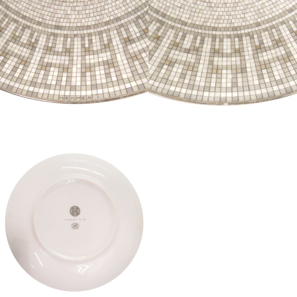 Hermes Mosaic 24 Platinum Ceramic Gray Leather Dessert Plate — view 6
