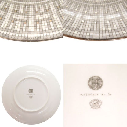 Hermes Mosaic 24 Platinum Ceramic Gray Leather Dessert Plate — view 4