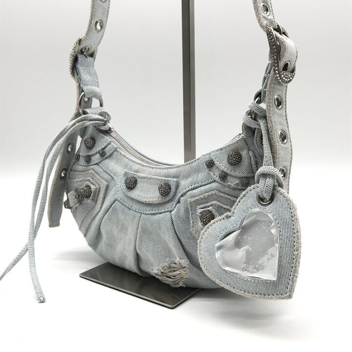 Balenciaga le Cagole Denim Rhinestone Studs Leather Shoulder Bag Y2k Blue — view 2