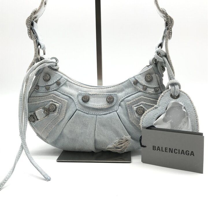 Balenciaga le Cagole Denim Rhinestone Studs Leather Shoulder Bag Y2k Blue