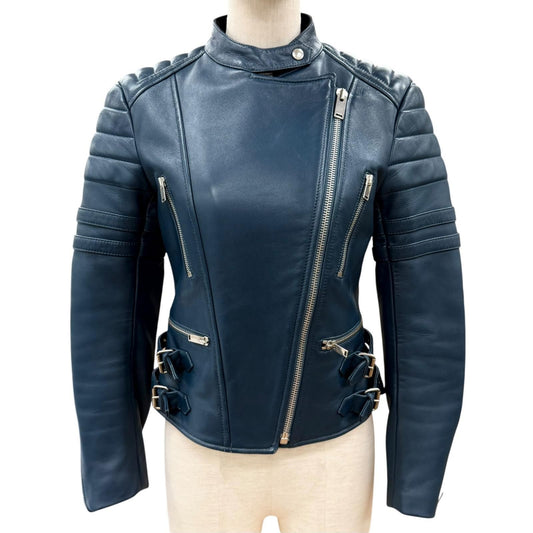 Celine 2 Sheep Leather Phoebe Philo Era Biker Shearling Rider's Jacket Blue 38