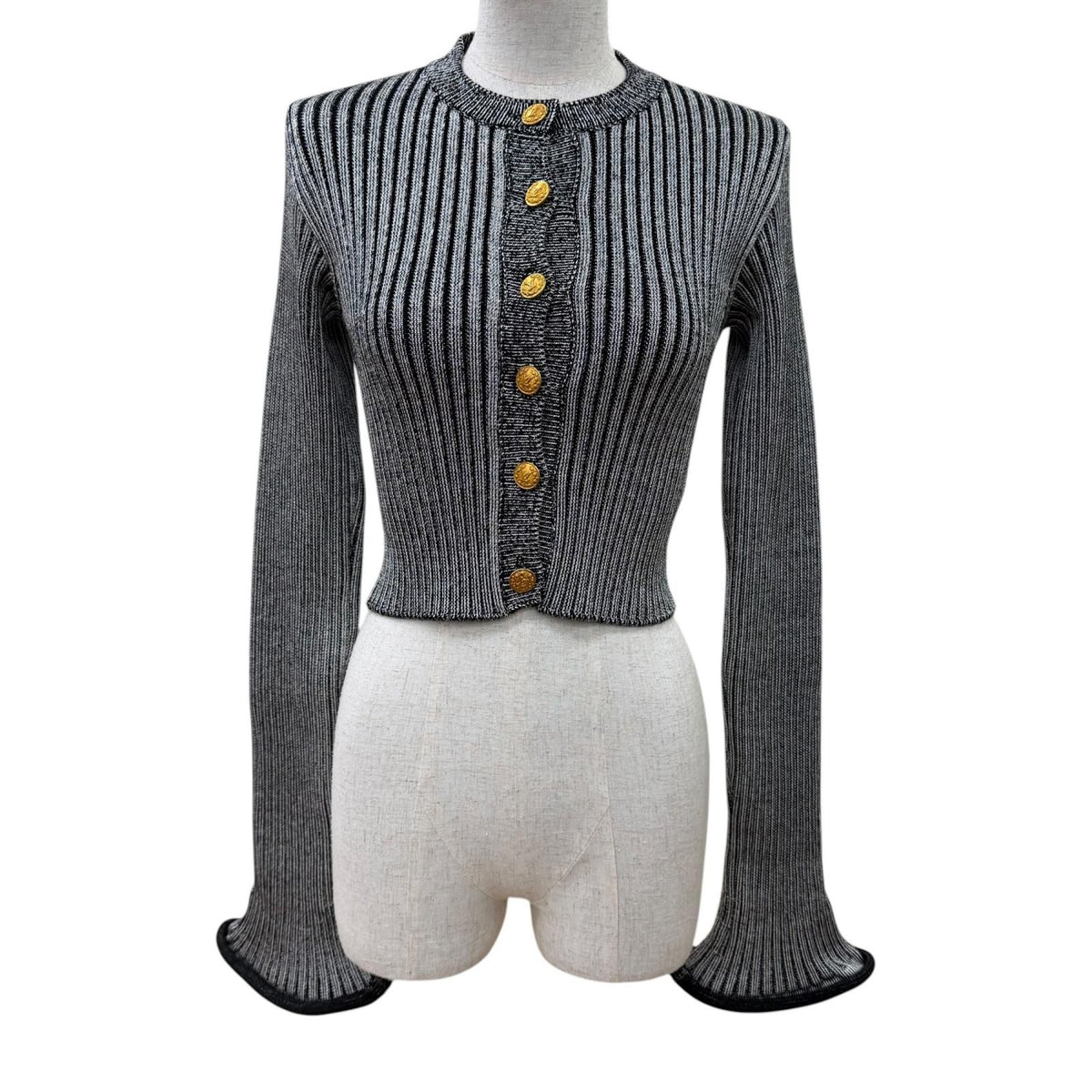 Louis Vuitton LV Logo Button Trumpet Sleeve Long Knit Cardigan Top Black XS