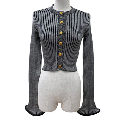 Louis Vuitton LV Logo Button Trumpet Sleeve Long Knit Cardigan Top Black XS