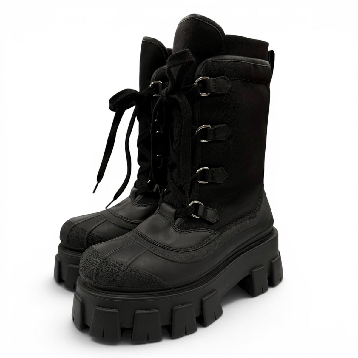 Prada Monolith Logo Lace Up Boots Short Black