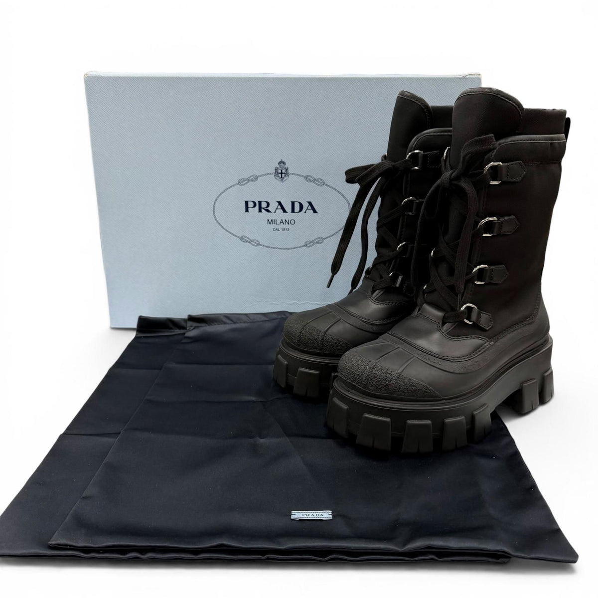 Prada Monolith Logo Lace Up Boots Short Black — view 2