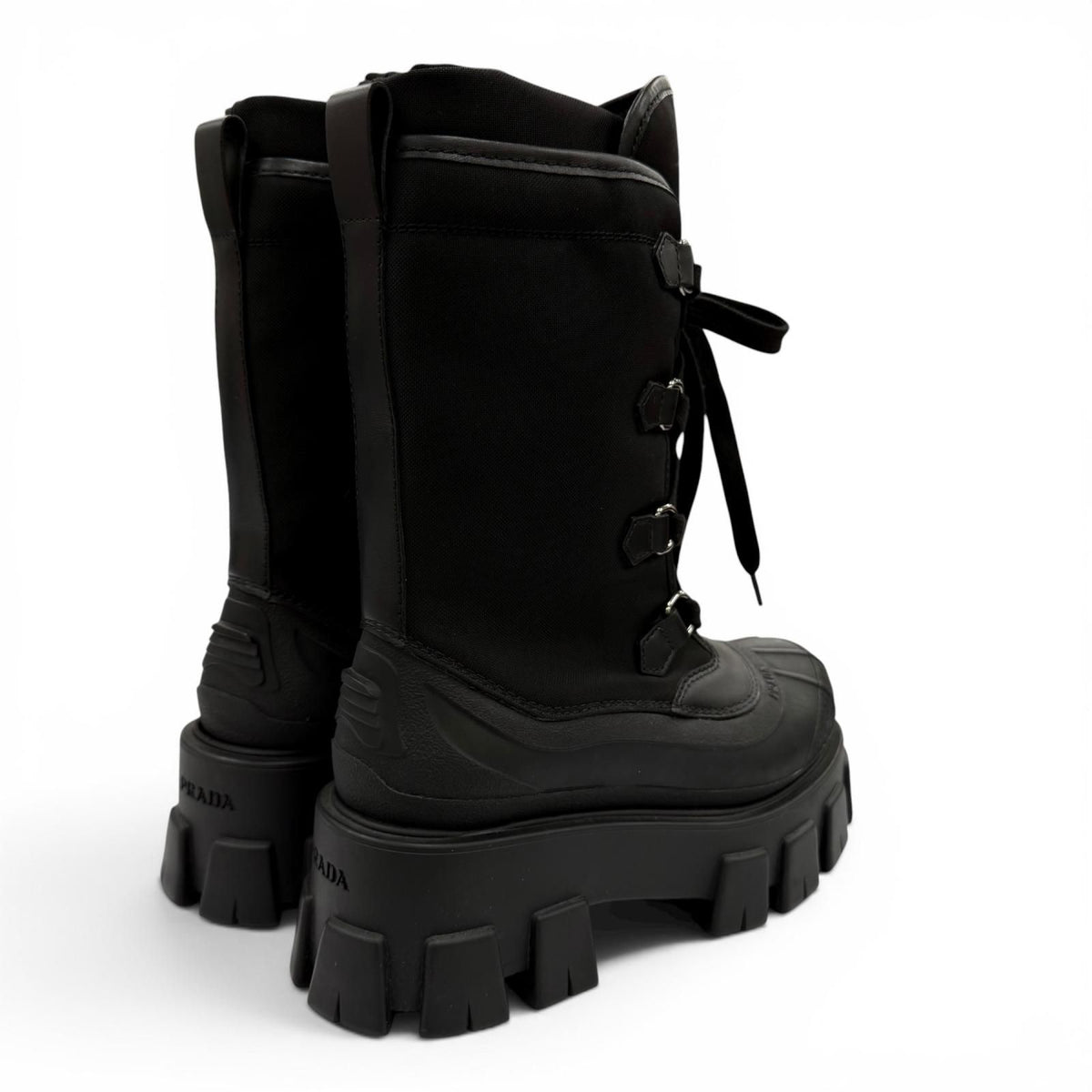 Prada Monolith Logo Lace Up Boots Short Black — view 3