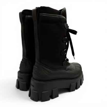 Prada Monolith Logo Lace Up Boots Short Black — view 3