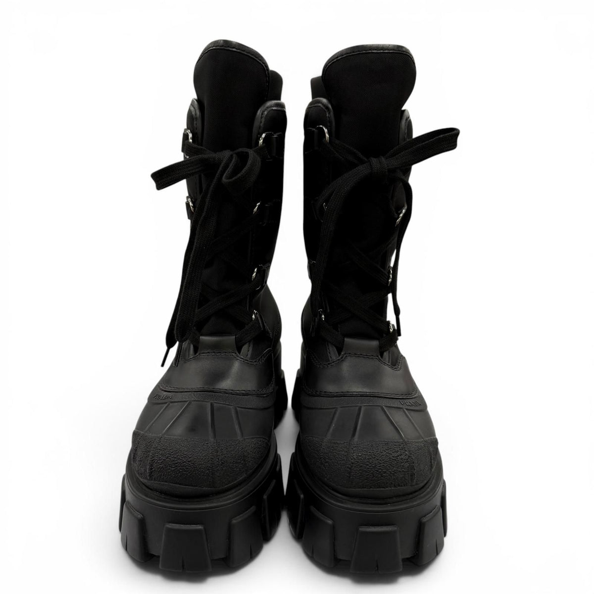 Prada Monolith Logo Lace Up Boots Short Black — view 4