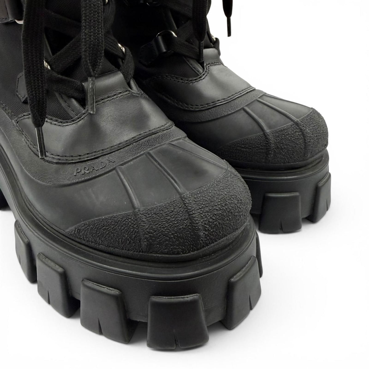 Prada Monolith Logo Lace Up Boots Short Black — view 8