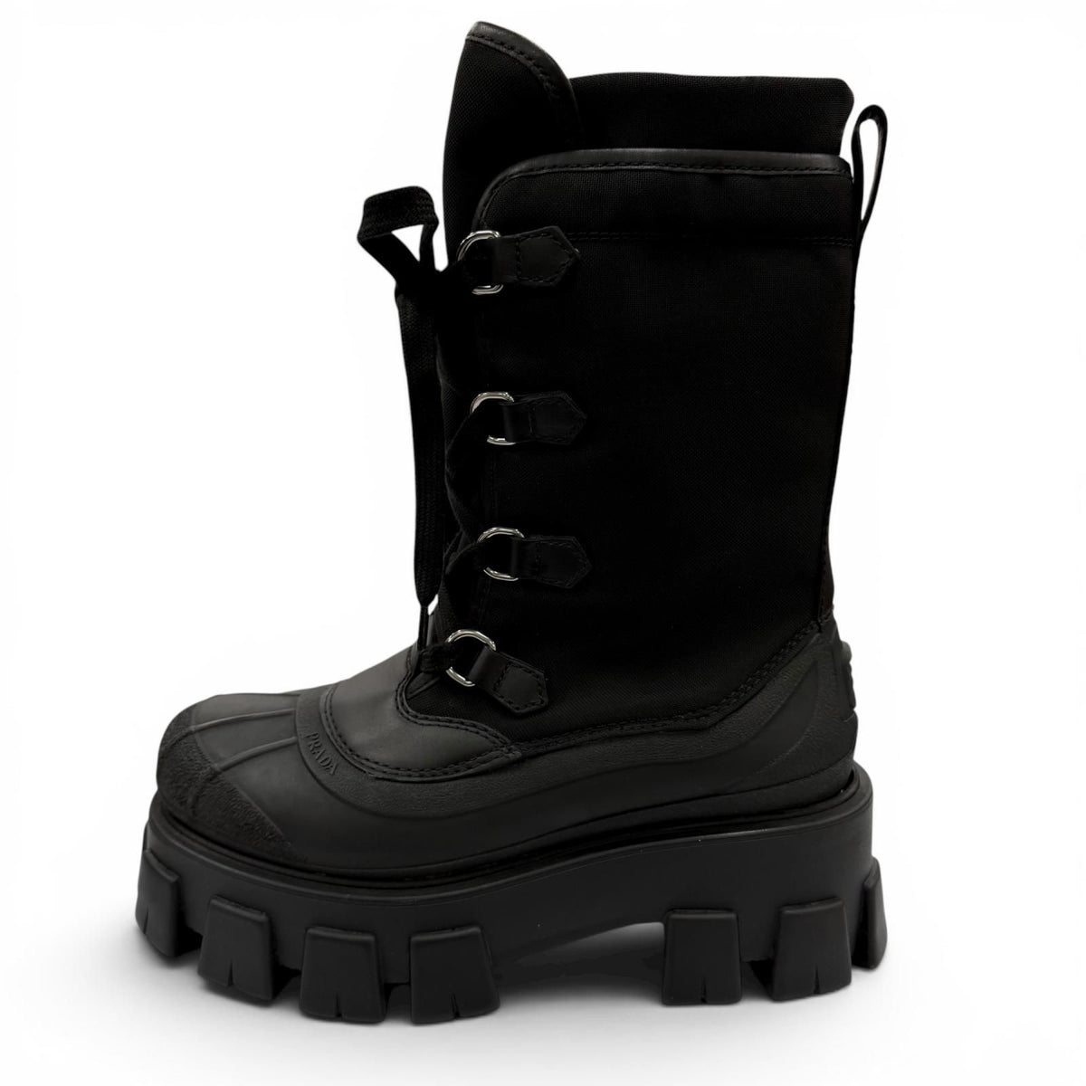 Prada Monolith Logo Lace Up Boots Short Black — view 5