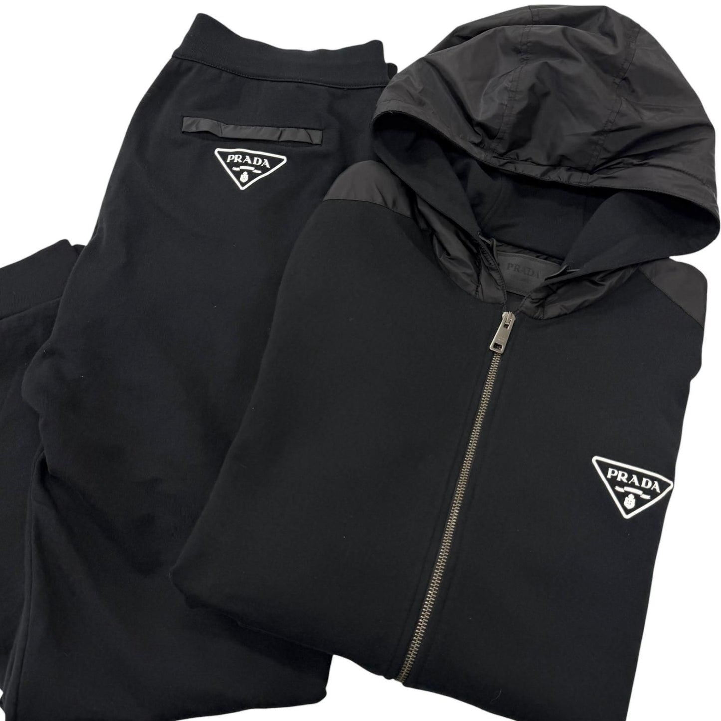 Prada Re-Nylon Triangle Logo Hoodie Sweatpants Set Black XL