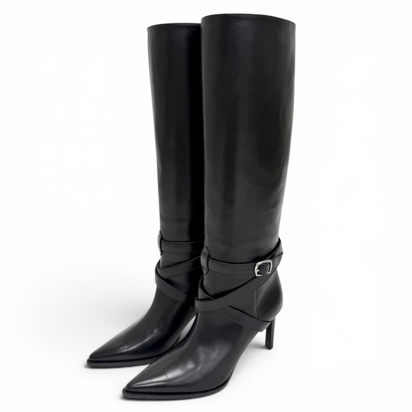 Celine Verneuil High Boots with Belt Pointed Toe Leather Long Black