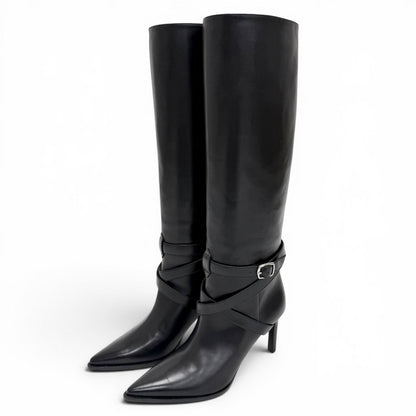 Celine Verneuil High Boots with Belt Pointed Toe Leather Long Black