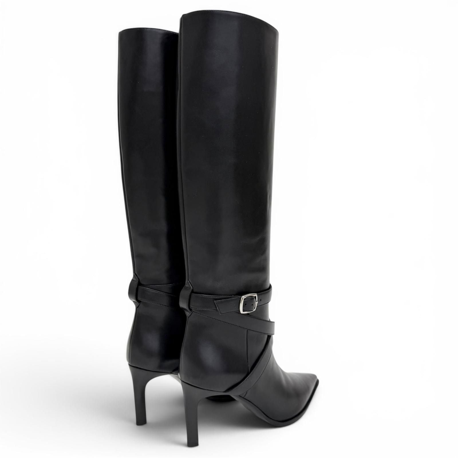 Celine Verneuil High Boots with Belt Pointed Toe Leather Long Black — view 6