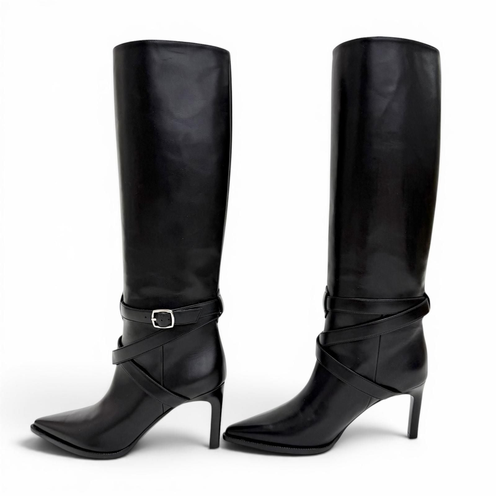 Celine Verneuil High Boots with Belt Pointed Toe Leather Long Black — view 3