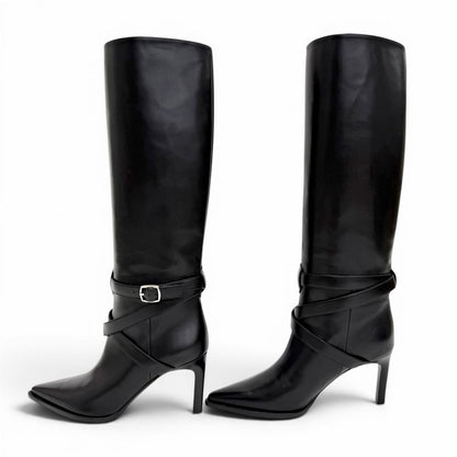 Celine Verneuil High Boots with Belt Pointed Toe Leather Long Black — view 3