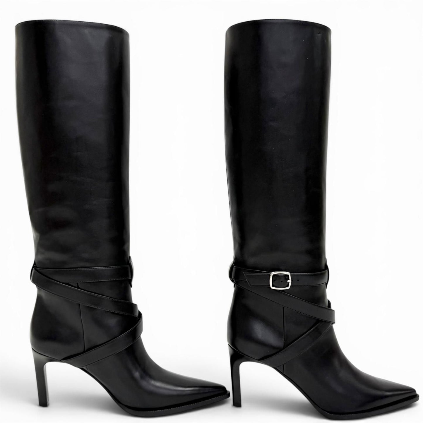Celine Verneuil High Boots with Belt Pointed Toe Leather Long Black — view 4