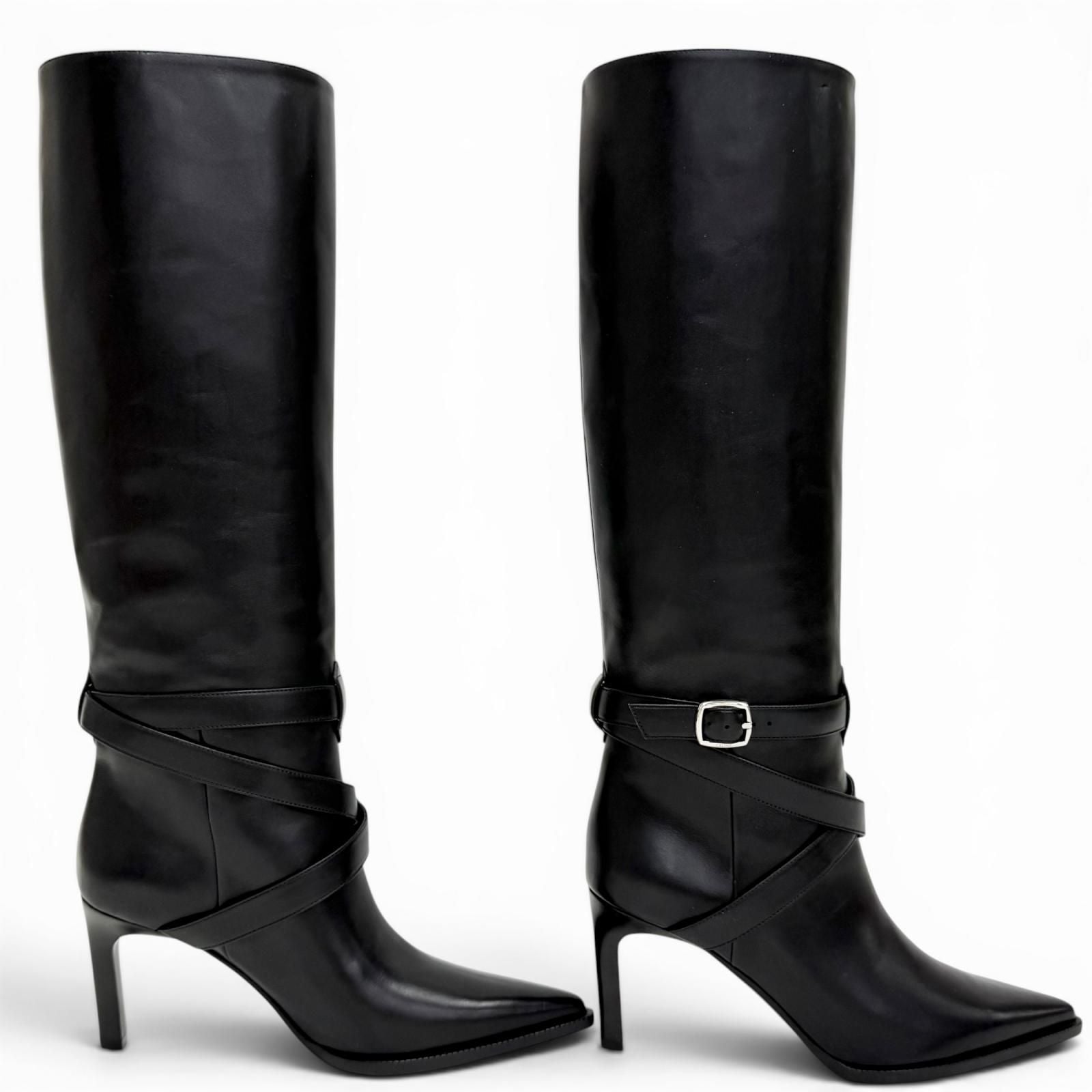 Celine Verneuil High Boots with Belt Pointed Toe Leather Long Black — view 4