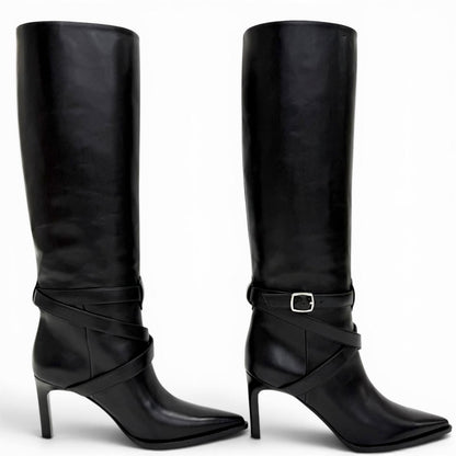 Celine Verneuil High Boots with Belt Pointed Toe Leather Long Black — view 4