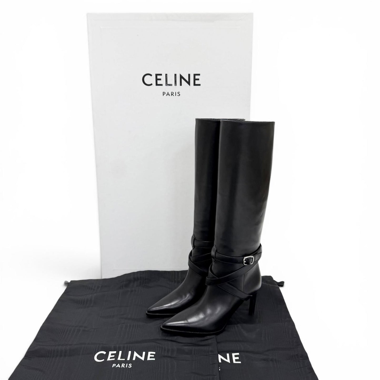 Celine Verneuil High Boots with Belt Pointed Toe Leather Long Black — view 2