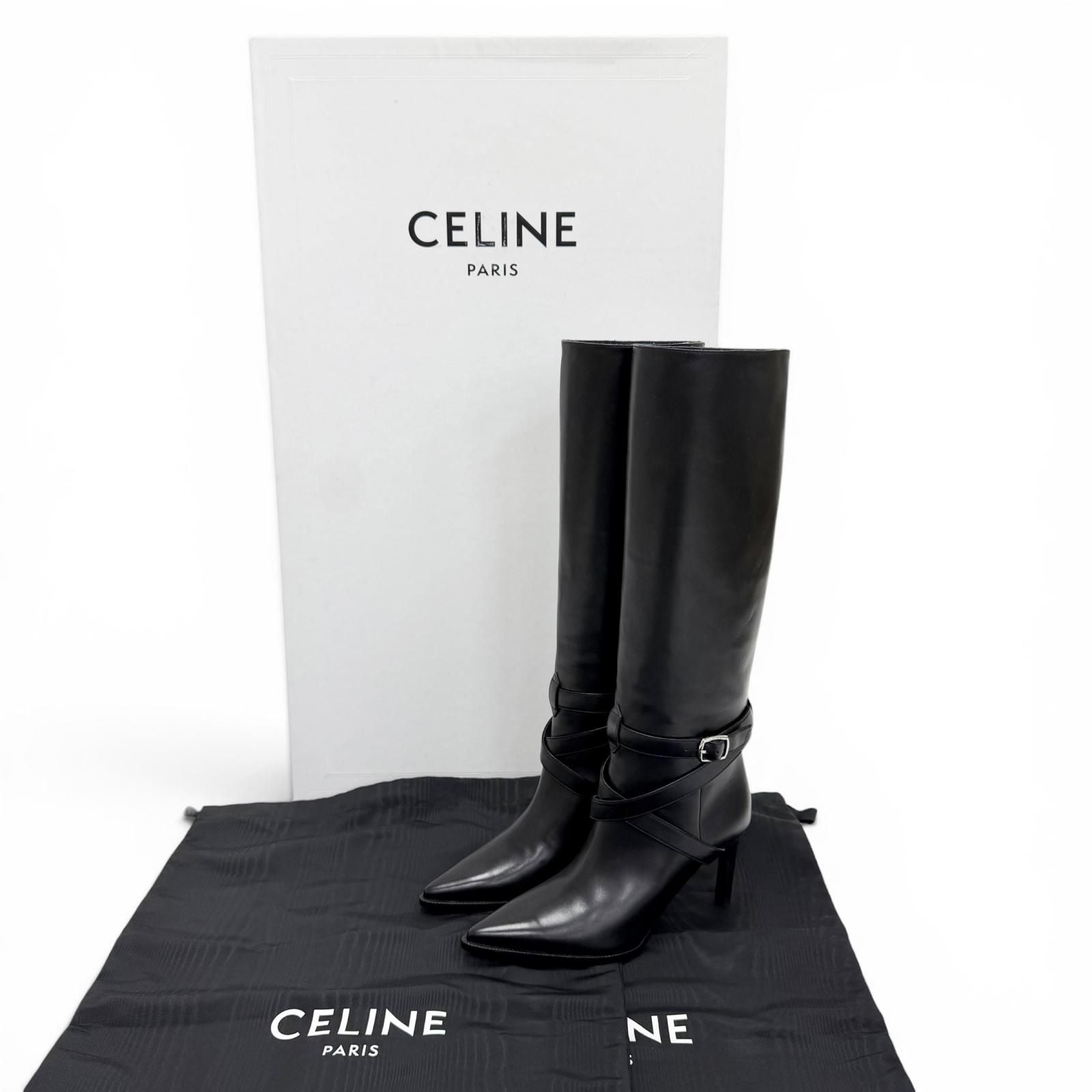 Celine Verneuil High Boots with Belt Pointed Toe Leather Long Black — view 2