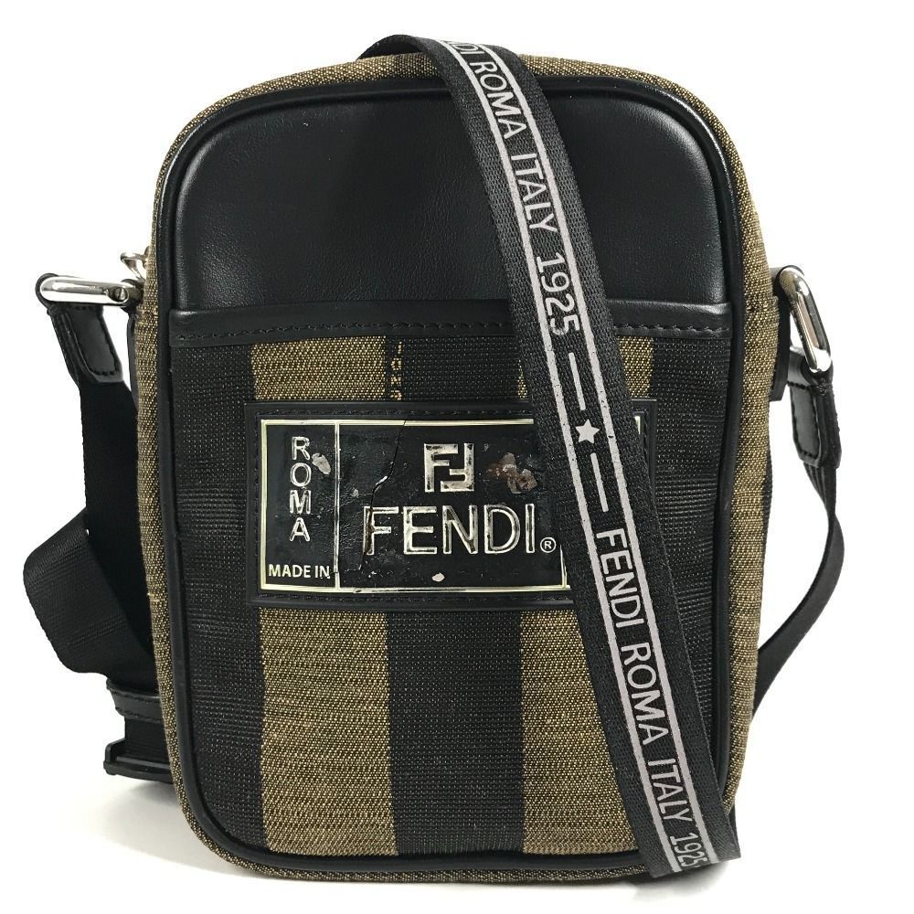 Fendi Shoulder Bag Logo Pecan Leather Canvas Black