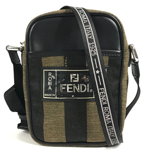 Fendi Shoulder Bag Logo Pecan Leather Canvas Black