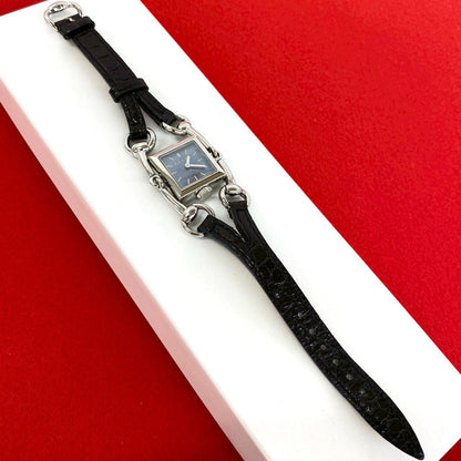 Gucci Signoria Stainless Steel Leather Quartz Watch Wrist Silver Black