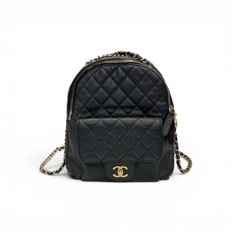 Chanel Backpack Caviar Leather Black Gold Quilted CC Logo Turnlock Chain