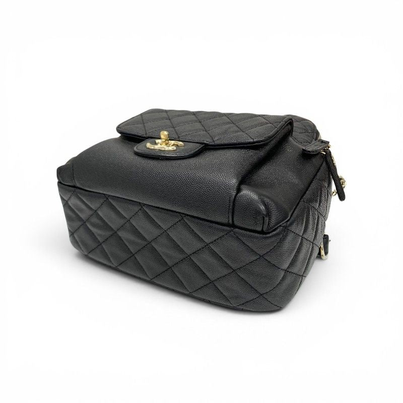 Chanel Backpack Caviar Leather Black Gold Quilted CC Logo Turnlock Chain — view 4