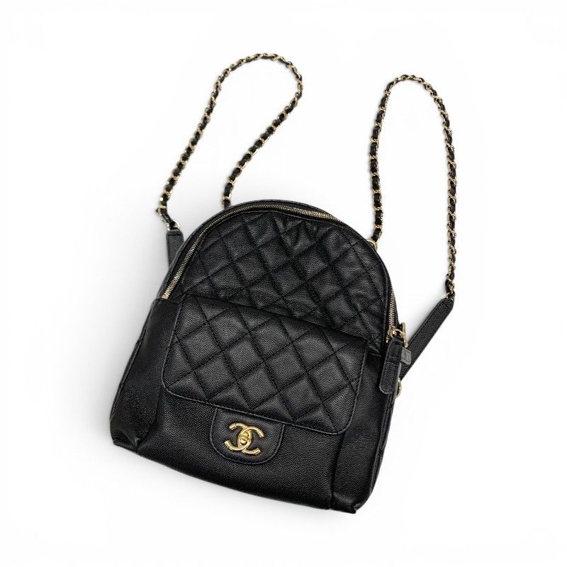 Chanel Backpack Caviar Leather Black Gold Quilted CC Logo Turnlock Chain — view 5