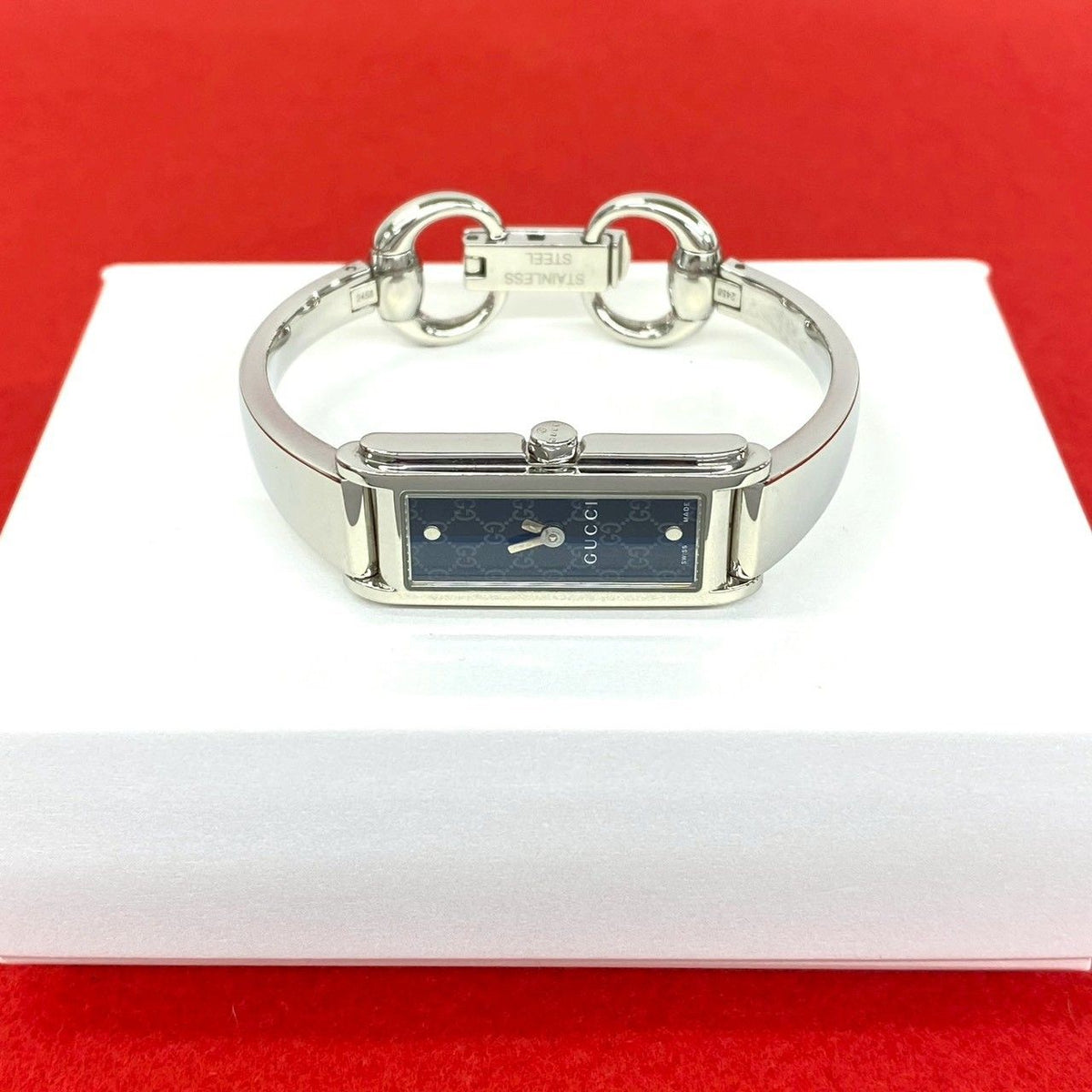 Gucci Bangle Watch Stainless Steel Quartz Wristwatch Silver Navy