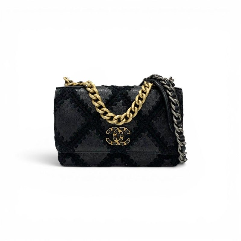 Chanel Shoulder Bag Black Gold Silver 19 CC Logo Crochet Chain Wallet