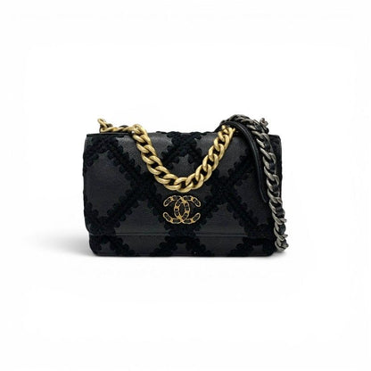 Chanel Shoulder Bag Black Gold Silver 19 CC Logo Crochet Chain Wallet