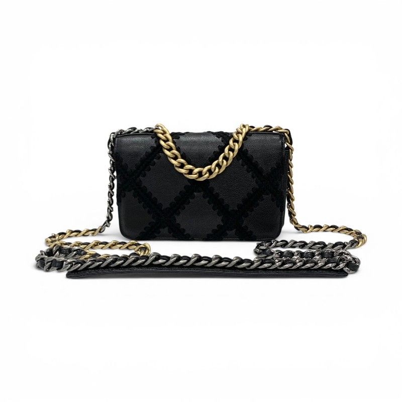 Chanel Shoulder Bag Black Gold Silver 19 CC Logo Crochet Chain Wallet — view 3