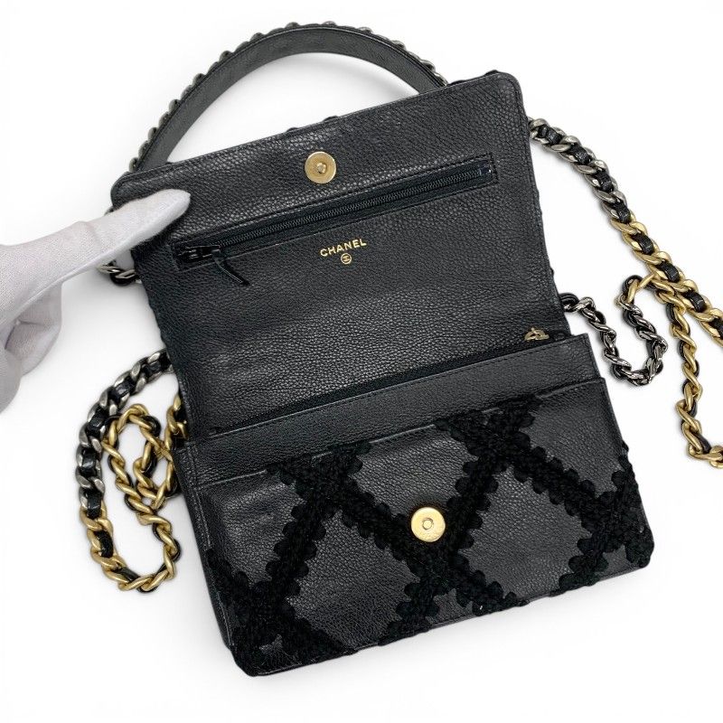 Chanel Shoulder Bag Black Gold Silver 19 CC Logo Crochet Chain Wallet — view 5