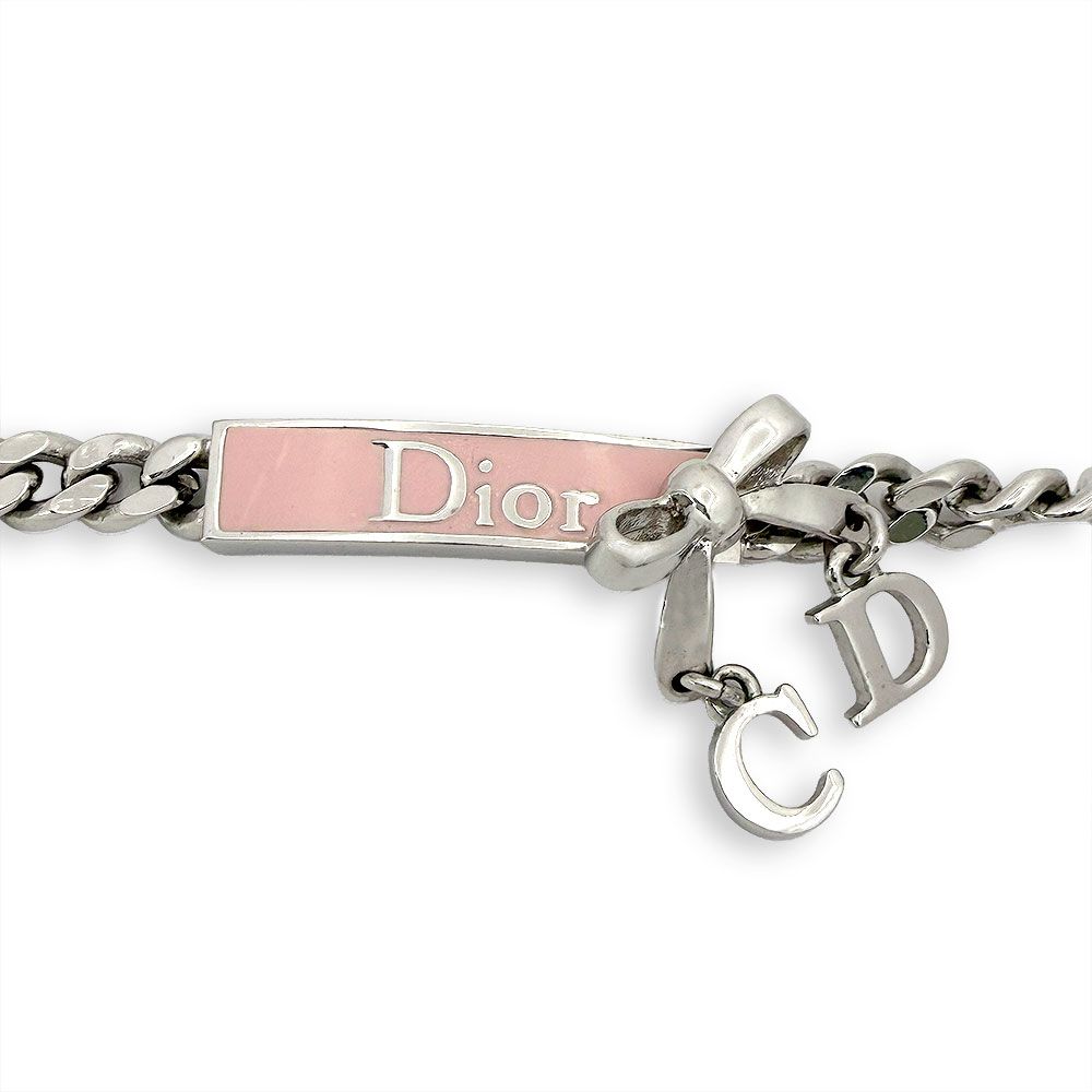 Dior Pink Logo Plate Ribbon Motif Necklace — view 4