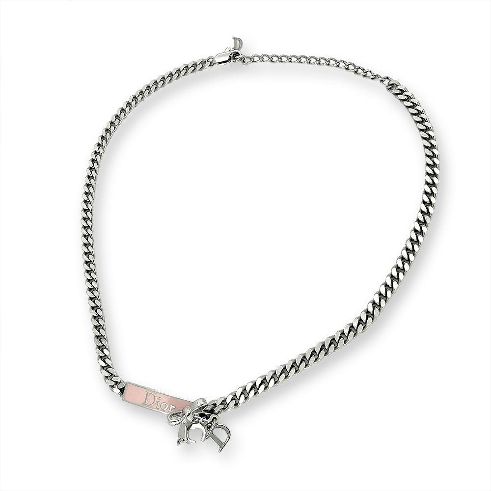 Dior Pink Logo Plate Ribbon Motif Necklace — view 3