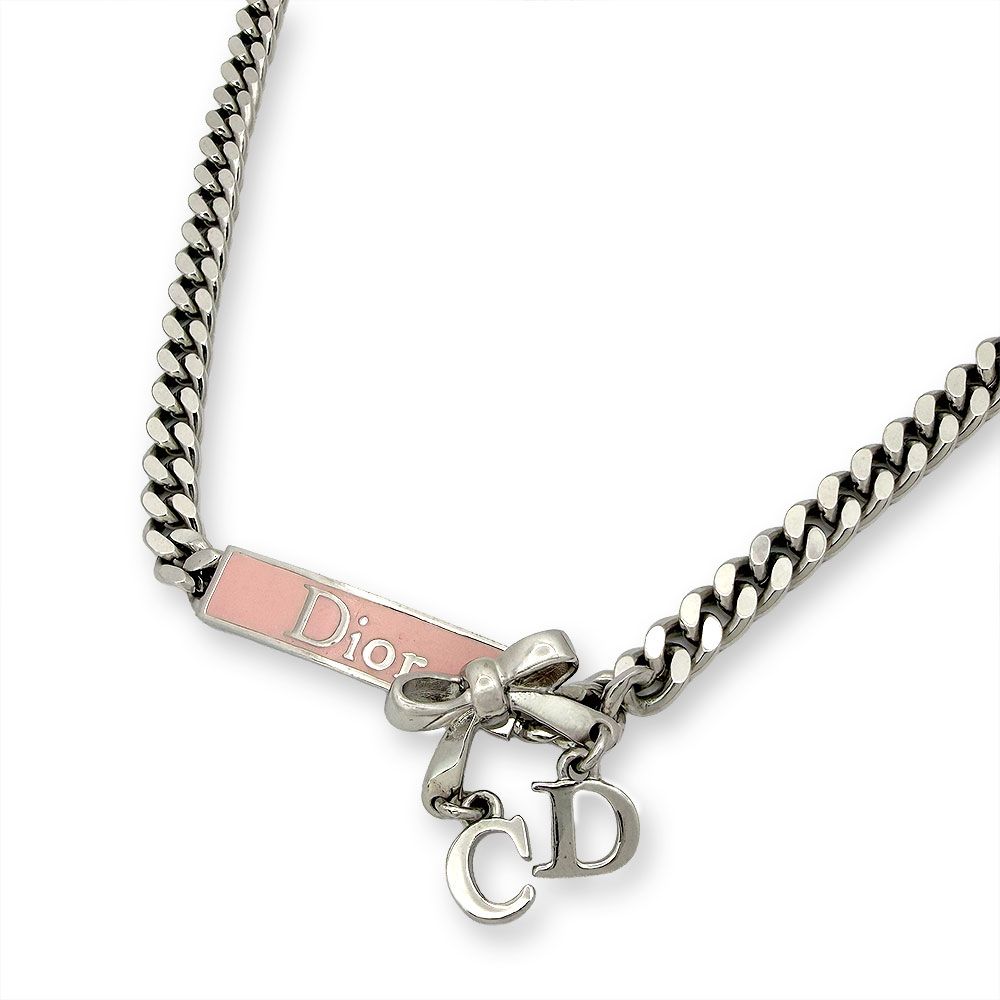 Dior Pink Logo Plate Ribbon Motif Necklace