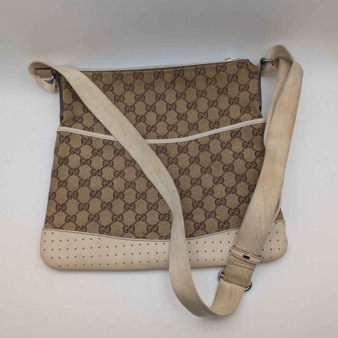 Gucci GG Canvas Shoulder Bag Crossbody Cross Brown White
