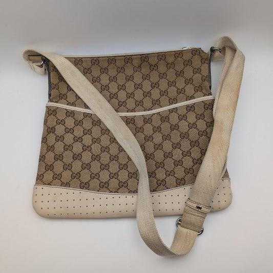 Gucci GG Canvas Shoulder Bag Crossbody Cross Brown White