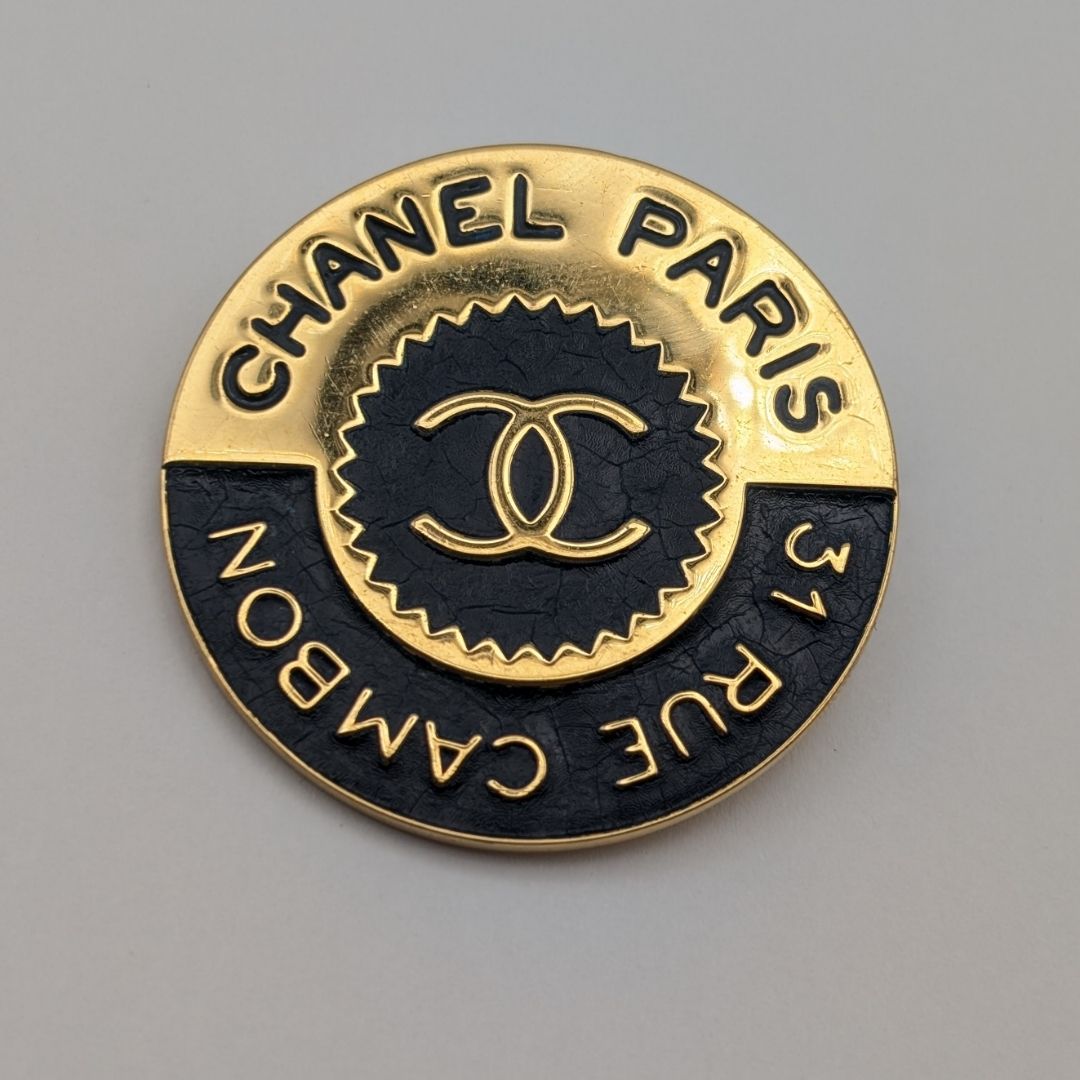 Chanel Brooch CC Logo Cambon Gold Black First Era Vintage