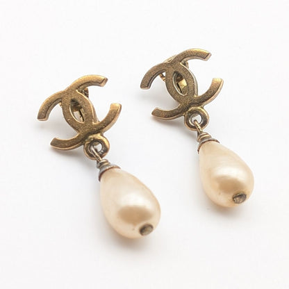 Chanel Earrings CC Logo Gold Faux Pearl Drop Swing Vintage