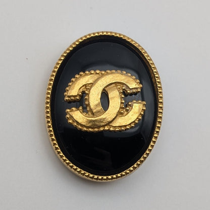 Chanel 96A Brooch CC Logo Gold Black Stone Vintage