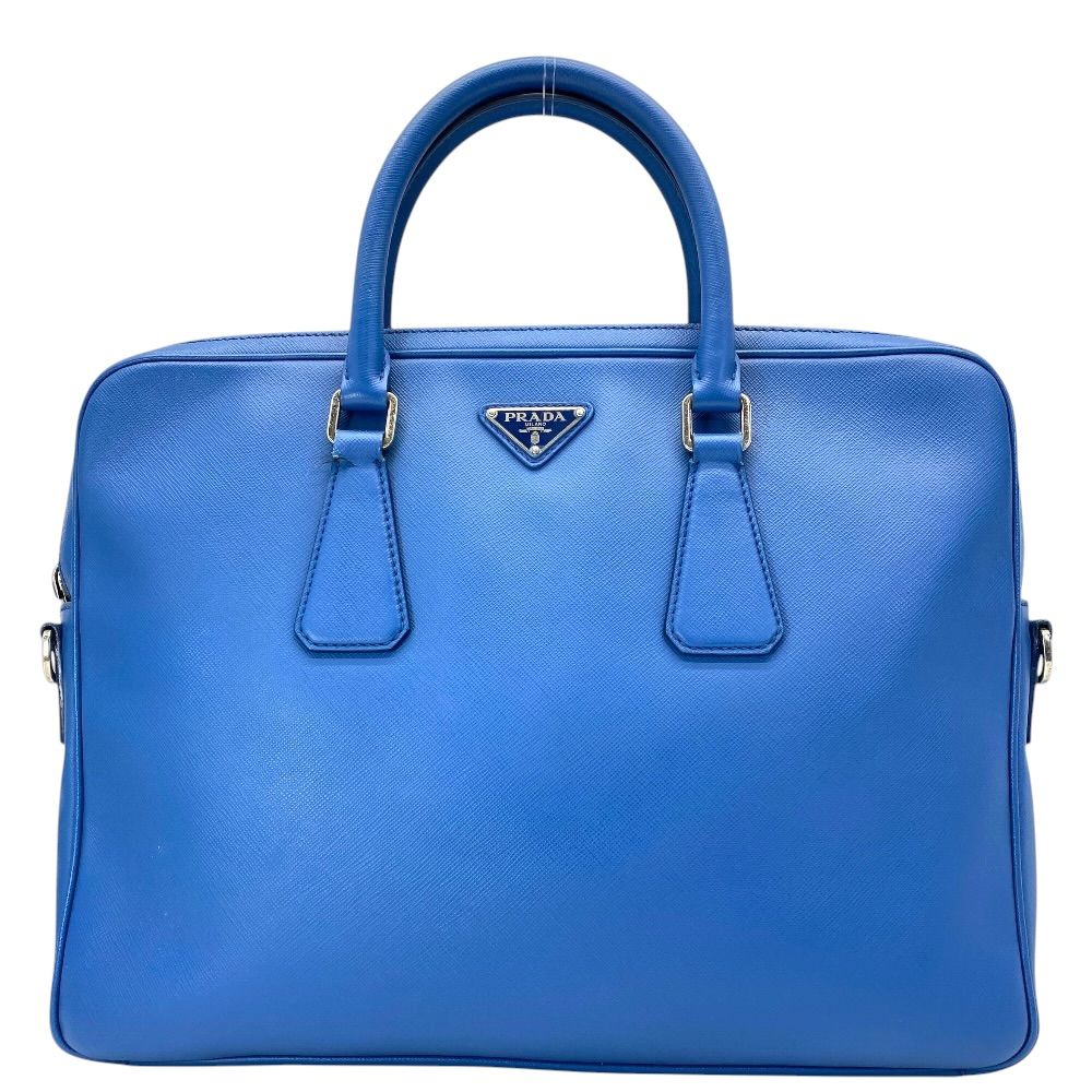 Prada Business Briefcase Handbag Triangle Logo Saffiano Leather Blue Document