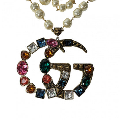 Gucci GG Logo Necklace Faux Pearl Color Stone