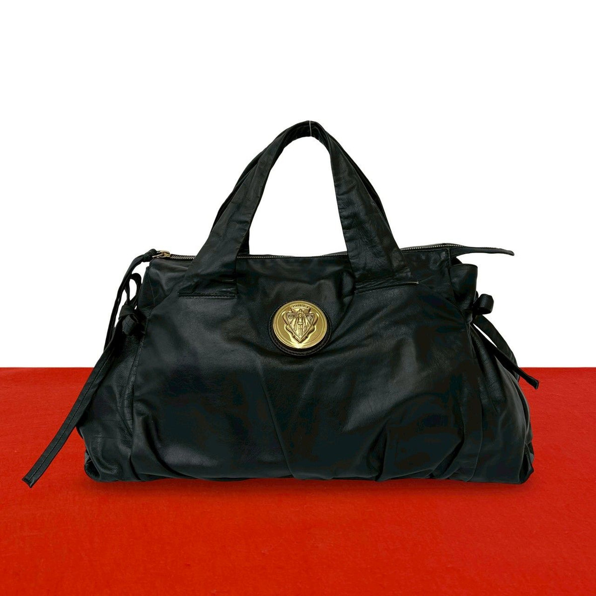 Gucci Hysteria Logo Ribbon Motif Leather Mini Boston Bag Black