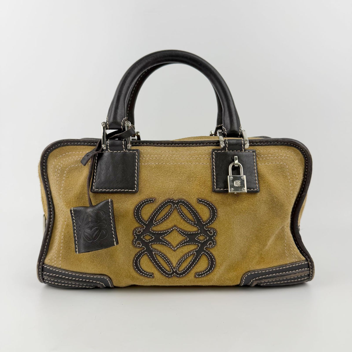 Loewe Amazona Anagram Handbag Suede Leather Mustard Brown Silver Vintage — view 3